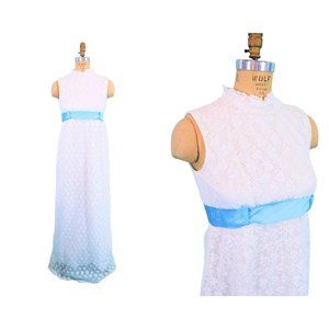 Vintage 1960s Lace Dress White Blue Bow Belt Formal Gown | B 29"